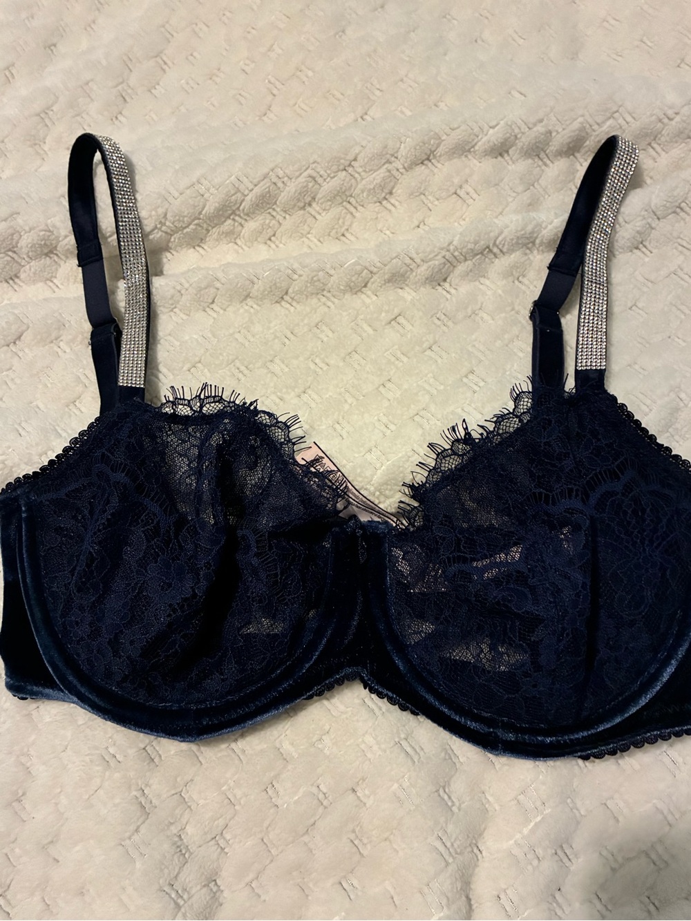 34DD Victoria's Secret Navy Lace Underwire Bra with Rhinestone Straps